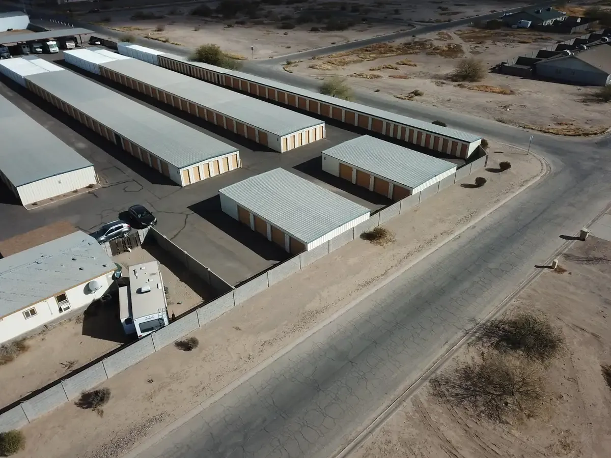Side view of storage units in desert 